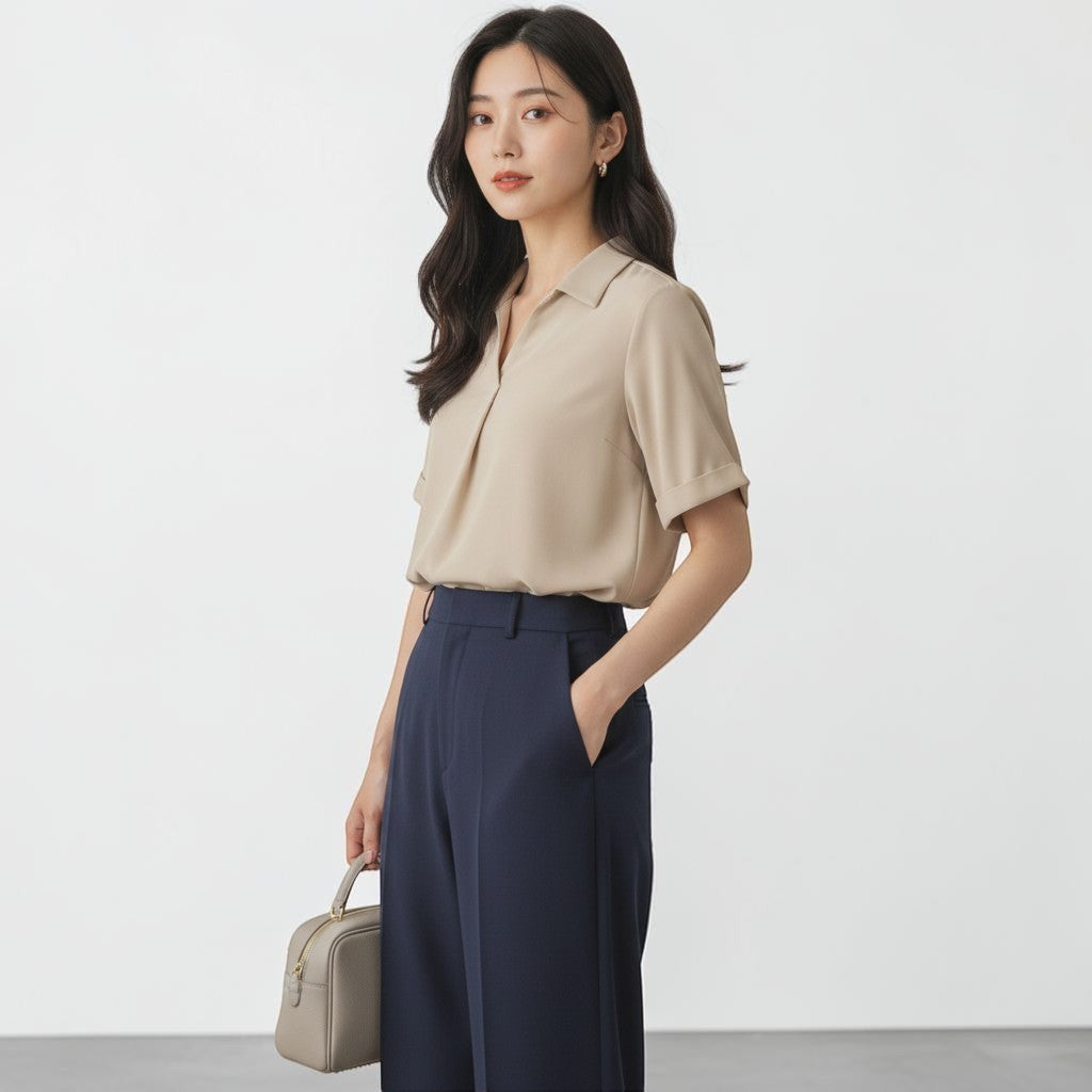 OnenessUのイエベ向けベージュ色半袖ベーシックブラウスを着用した女性。上品な微光沢のリサイクルポリエステル素材で、オフィスにも適したミニマルなデザイン。