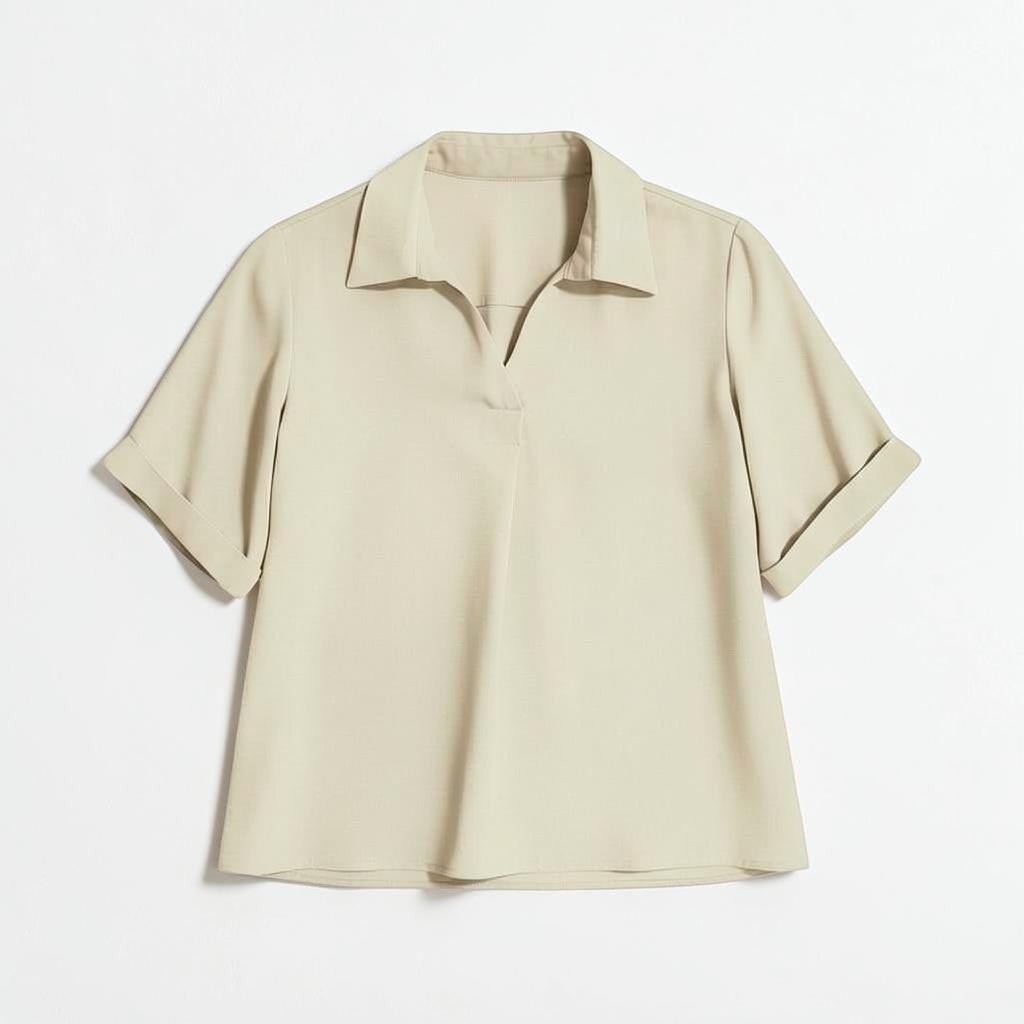 OnenessU short-sleeve basic blouse in beige recycled polyester with a minimalist collar and relaxed fit.