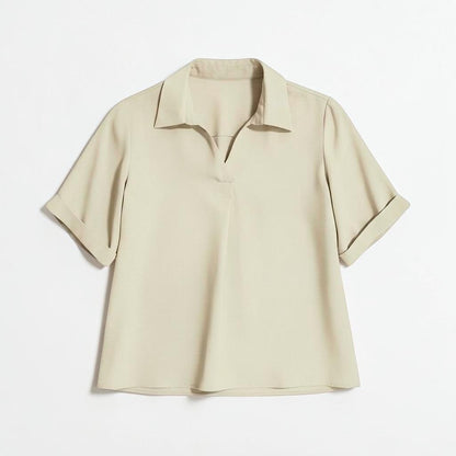 OnenessU short-sleeve basic blouse in beige recycled polyester with a minimalist collar and relaxed fit.