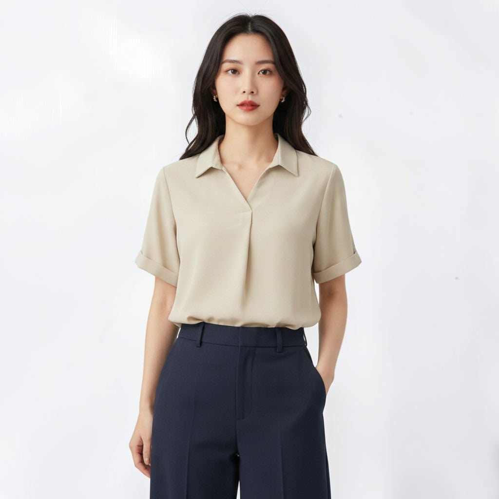OnenessU beige short-sleeve blouse in recycled polyester with a minimalist collar and relaxed fit worn by a model.