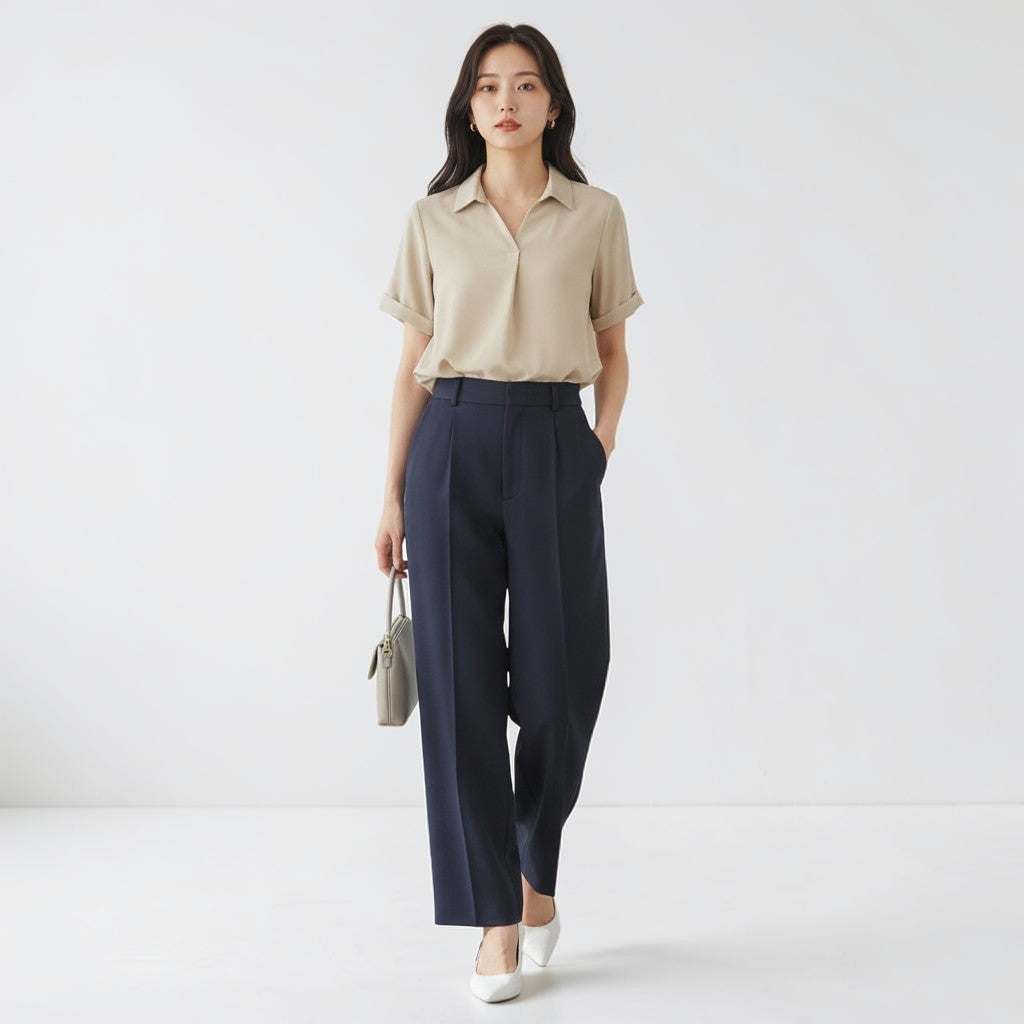 OnenessU model wearing a beige short-sleeve recycled polyester blouse with a collar and navy wide-leg trousers.