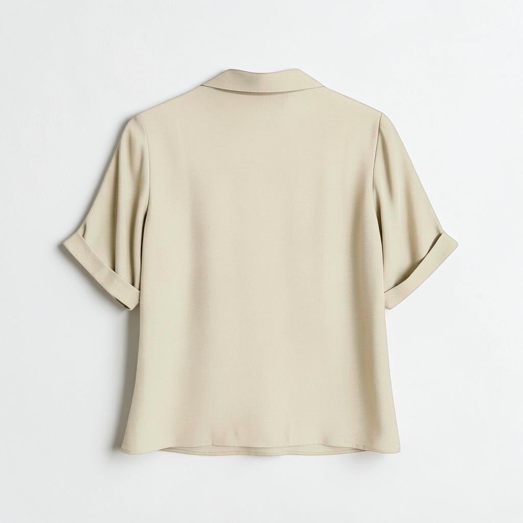 Back view of OnenessU short-sleeve basic blouse in a soft yellow-base neutral tone with a minimalist collar.