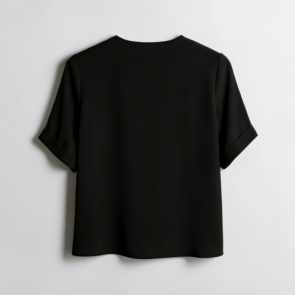 OnenessUの半袖Vネックブラウス。リサイクルポリエステル素材を使用した、シンプルで洗練された黒のベーシックなトップス。